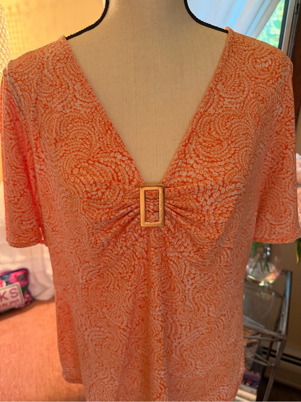 Michael Kors Orange Patterned V-Neck Top with Decorative Gold Buckle